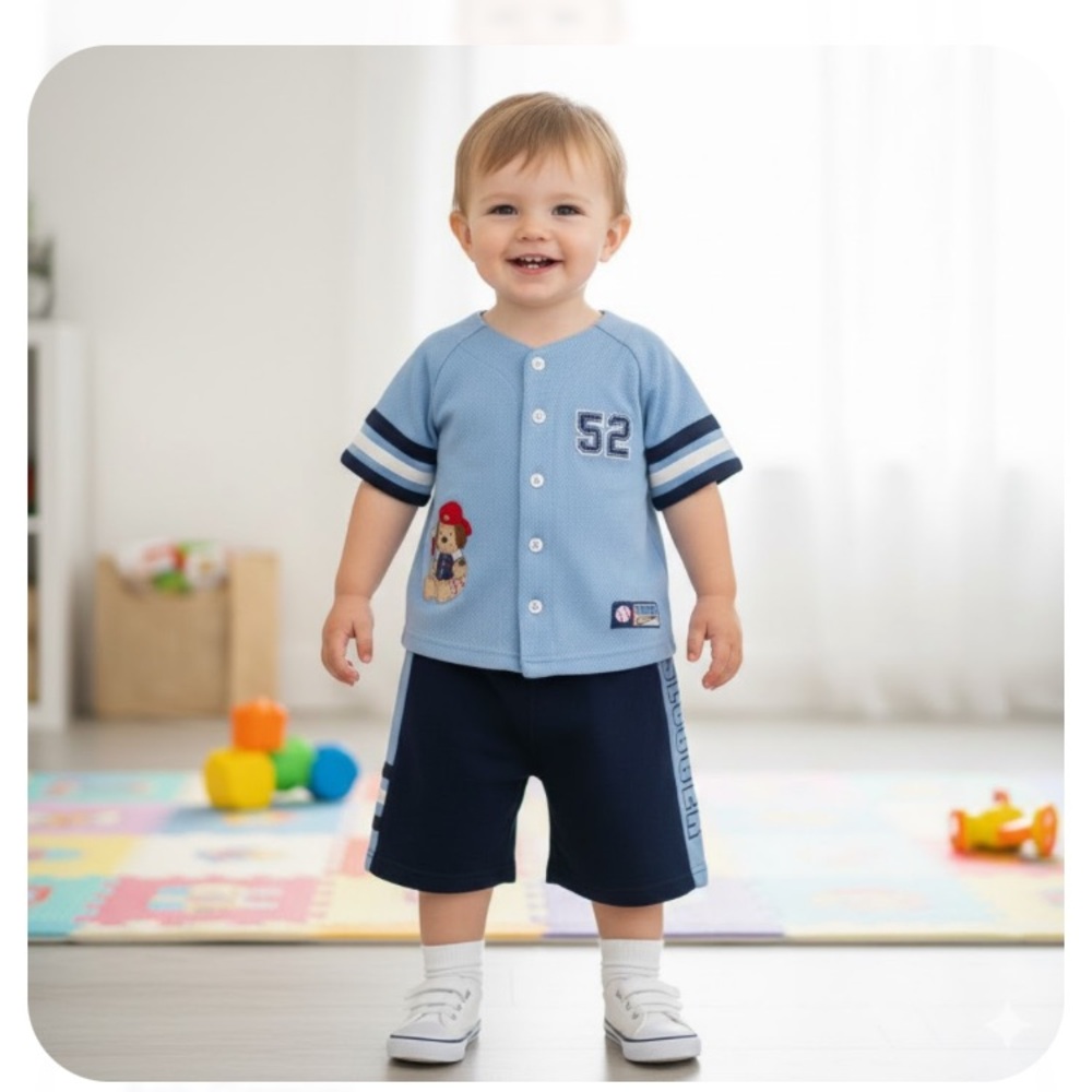 Vintage Baseball Stylish Kids Blue Button Down Shirt and Shorts Set